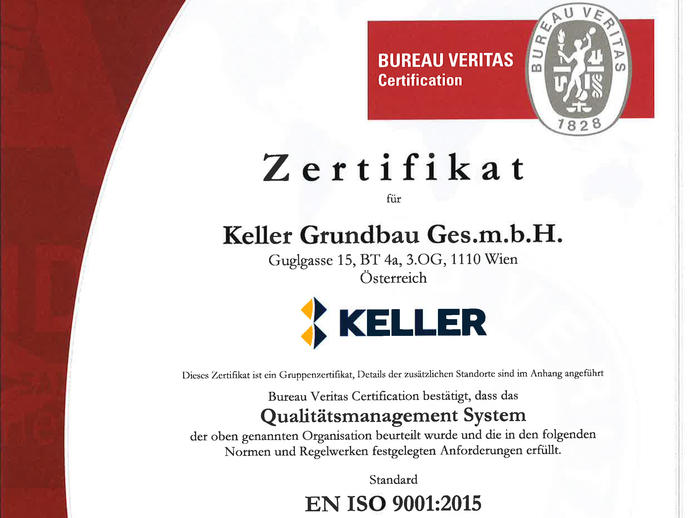 Keller ist mit dem ISO 9001:2015 ausgezeichnet